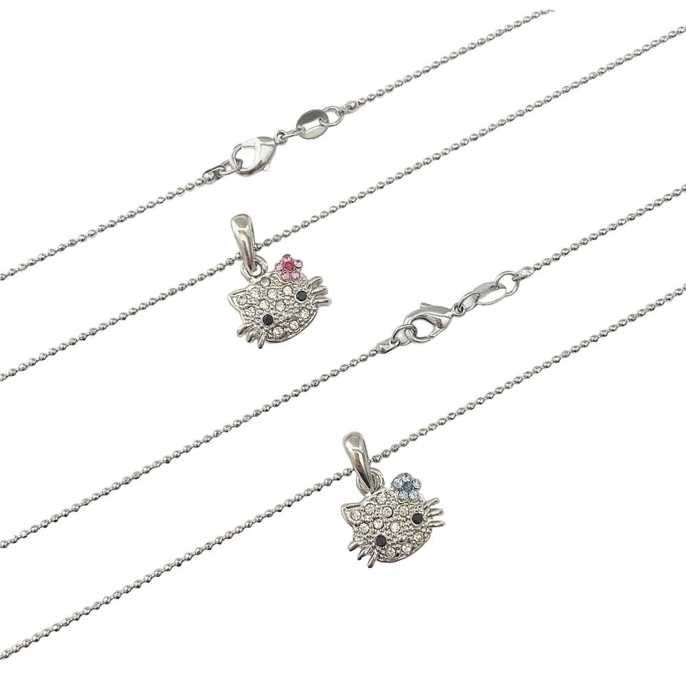 Mini Pink & Blue Flower Crystal Hello Kitty Silver Plated 18" Necklaces NEW Y2K